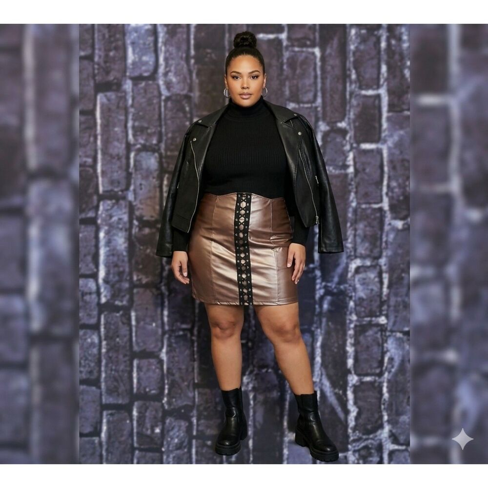 Shein Sxy Chocolate Brown Faux Leather Corset Lace Up Mini Skirt Size 3XL